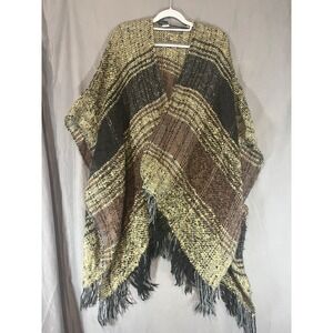 Unbranded Plaid Knit Fringe Poncho Wrap Brown Tan Black One Size OSFM RN 98072